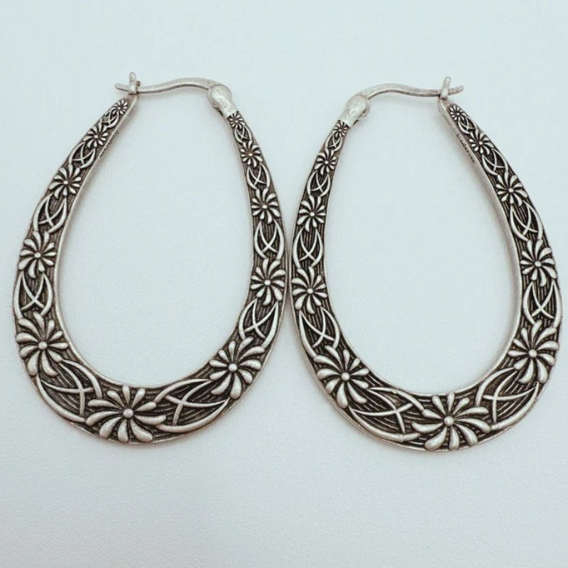 Bohemian Retro Floral Pattern Hoop Earrings, Casual Style
